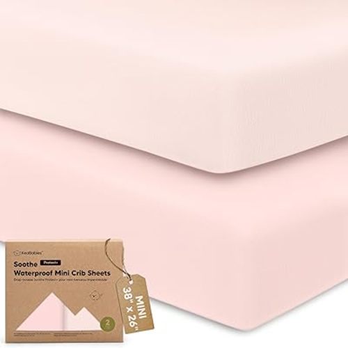 2 Pack and Play Sheets, Waterproof Mini Crib Sheets Fitted - 38x26 Organic Cotton Pack N Play Sheets for Graco Pack and Play Mattress, Playard Baby Crib Sheets,Neutral for Boy,Girl,Toddler(Mist Rose)