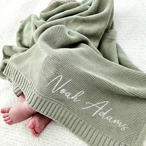 Grewear Luxury Personalized Name Knitted Baby Blanket - Embroidered, Soft Breathable Cotton Knit for Newborns - Valentine's Gift for New Moms Baby Boy Girl Birthday Christmas