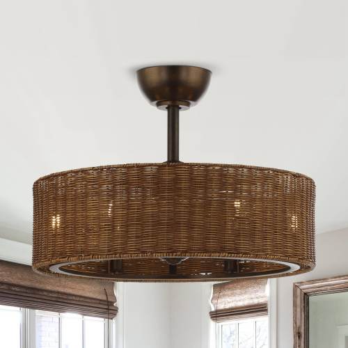 24 Rustic Rattan 6-Speed Caged Ceiling Fan Chandelier with Remote