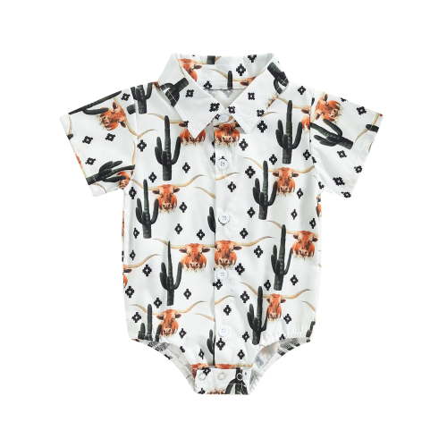Western Baby Boy Clothes Cow Print Shirt Romper Short Sleeve Lapel Button Bodysuit Cowboy One Piece Gentleman Outfit