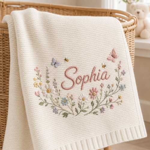 Personalized floral wreath baby blanket, custom name embroidery with butterflies & bees, soft knit newborn keepsake, baby shower gift