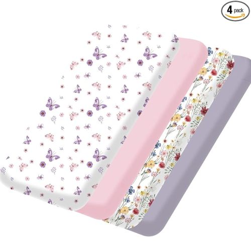 Pack and Play Sheets Fitted 4 Pack, 38 x 26 Inch Pack n Play Mini Crib Sheets for Boys and Girls, Soft Stretchy Playard Mattress Sheets for Graco Pack n Play, Butterfly Meadow
