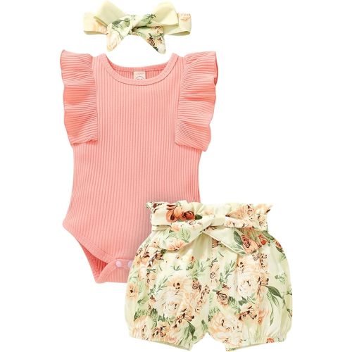 Ruffle Sleeve Romper and Floral Shorts with Headband 6-12M