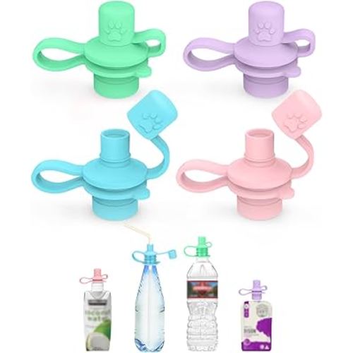MORLIKE LIVING 2-in-1 Water Bottle Cap, 100% Silicone Topper for Food Pouch, No Spill Spout Adapter Turn Water Bottle into Sippy Cups, Protects Child’s Mouth, Travel Essentials (Mix/v2-4 Pack)