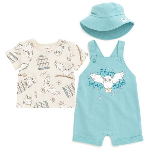 Harry Potter Baby Boys Hedwig Owl French Terry Short Overalls T-Shirt and Hat, 3-Piece Set (Newborn)