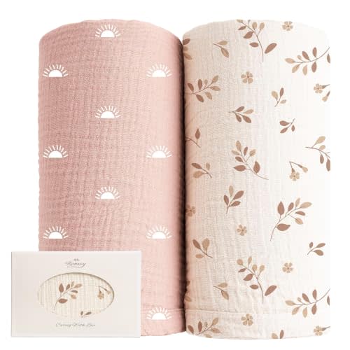 Konssy Muslin Swaddle Blankets, 100% Cotton Receiving Blankets, 47"x 47" | 2 Pack, Soft & Lightweight, Perfect for Receiving & Swaddling, Newborn to Toddler, Boys & Girls (Pink Sun,Khaki Leaf)