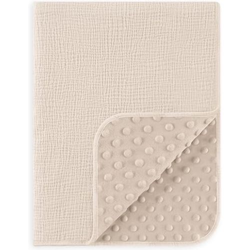 Susurration Baby Blanket for Unisex Boys Girls, Soft Nursery Minky Blanket with Muslin Cotton Front and Dotted Fleece Back, Receiving Blanket for Baby Newborn Infant, 30x40inch (Cream)