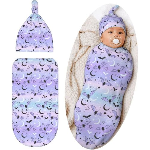 Halloween Gothic Swaddle Blanket Hat Set for Boys Girls, Soft Bat Moon Goth Baby Stuff Newborn Swaddle Wrap Receiving Blanket Shower Gift
