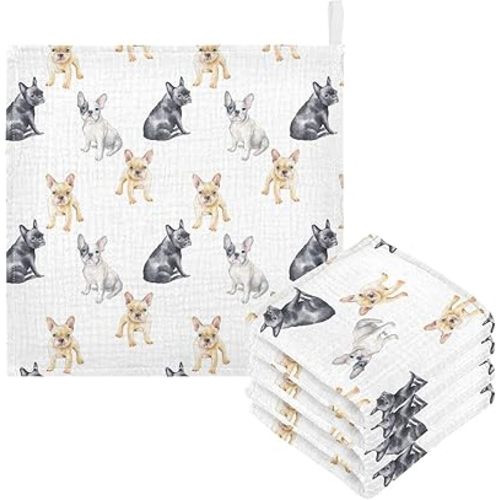 Baby Washcloths Cotton Pets French Bulldog Baby Muslin Washcloths Soft Baby Face Towel for Newborn Infants Baby Wipes, 11.8 X 11.8 Inch, 3 Pack