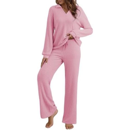 EVALESS Womens Pajama Sets Long Sleeve Sleepwear Matching Drawstring Elastic Pj Pants Ribbed Knit 2 Piece Lounge Set