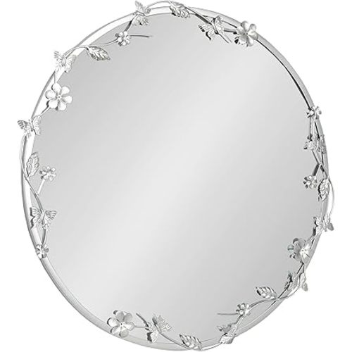 Kate and Laurel Rosella Modern Ornate Round Wall Mirror, 26 Inch Diameter, Silver, Circle Mirror with Floral Detailing for Use as Bathroom Mirror for Over Sink or Cute Kids Room Decor