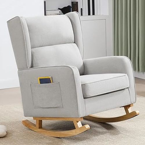 Nursery Rocking Chairs, Rocking Chair Nursery for Mom Nursery Rocker with High Backrest and Solid Wood Legs, Modern Wingback Accent Chair for Reading Living Room Bedroom, Light Grey