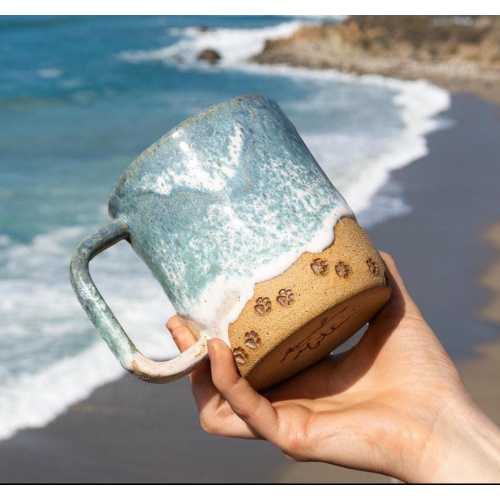 Handmade Paw Prints on the Beach Ceramic Mug: Ocean Shoreline Coffee/Tea Cup