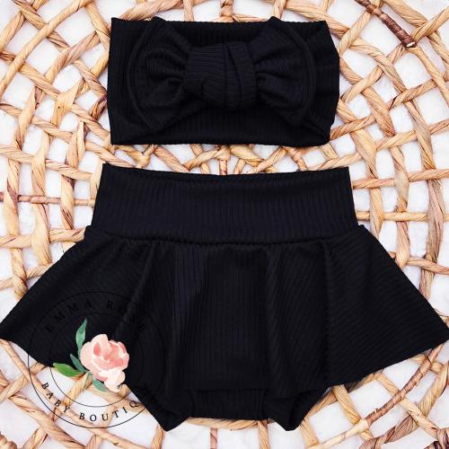 Baby girl black skirted bummies with a matching hair bow, black skort, black skirt with shorts, skirt with bloomers, newborn infant clothes