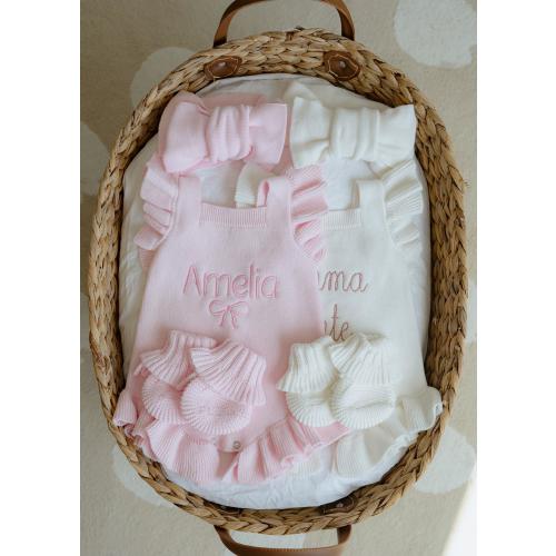 personalize embroider knit ruffle romper short sleeve cotton onesie® with bow announcement photos newborn take home outfit baby shower gift