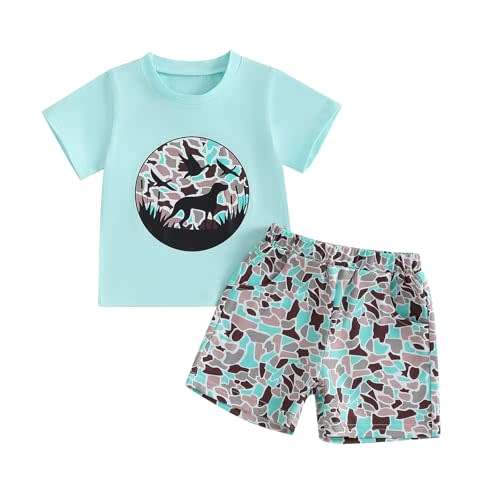 PUHHAPIEY Toddler Baby Boy Summer Clothes Retro Embroidery Duck Hunting Shirts T-Shirt + Elastic Camouflage Shorts Set