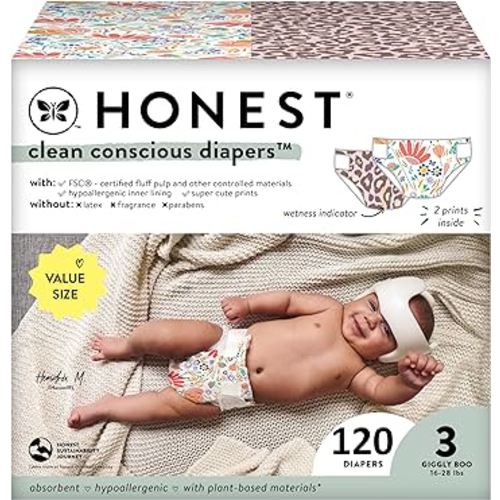 The Honest Company Clean Conscious Diapers | Plant-Based, Sustainable | Wild Thang + Flower Power | Super Club Box, Size 3 (16-28 lbs), 120 Count