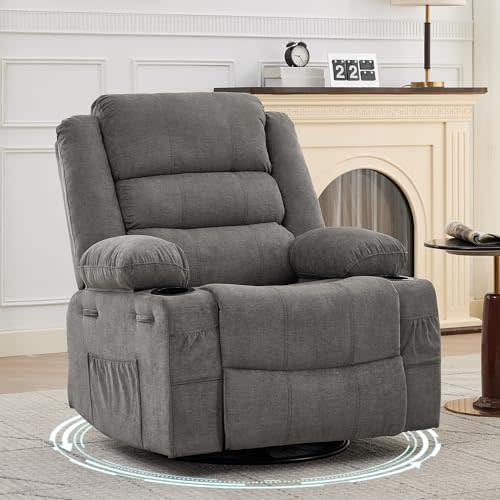 Rocking Recliner Chair for Adults, Oversized 360° Swivel Rocker Recliner with Cup Holder, Nursery Glider with Upholstered Deep Seat Linen Comfy Single Sofa for Living Room