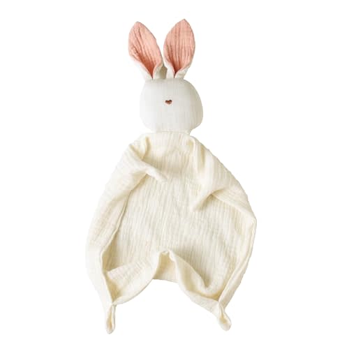 insular Bunny Lovey Blanket for Boys and Girls, Organic Cotton Muslin Security Blanket for Babies, Soft Breathable Lovie Soothing Towel for Newborn and Infant, Beige