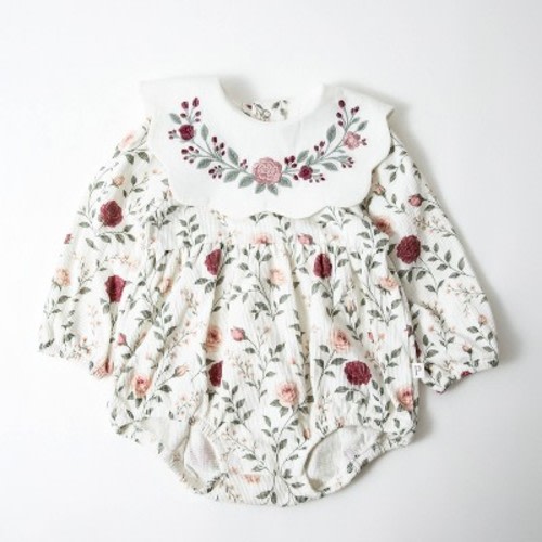 Picolette by Olivia Culpo Baby Girls' Floral bib Long Sleeve Romper - Ivory/Pink 0-3M