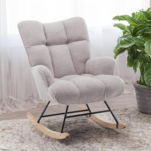 Rocking Chair Nursery Teddy Upholstered Glider Rocker Rocking Accent Chair Padded Seat with High Backrest Armchair Comfy Side Chair for Living Room Bedroom Offices (Grey Teddy)