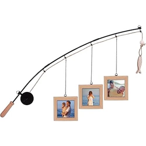 Fishing Pole Picture Frame - Fishing Wall Decor with 3-Pack 4" x 4" Wood Frames for Lake Cabin Farmhouse