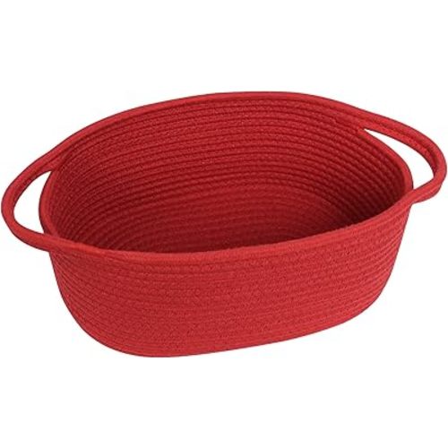 Red Woven Basket, 13" x 9" x 5" Baskets for Gifts Empty, Cute Cotton Rope Cat Dog Toy Bin Box, Small Woven Bin for Organizing, Red Room Decor, Nursery Cloth Diaper Storage Organizer