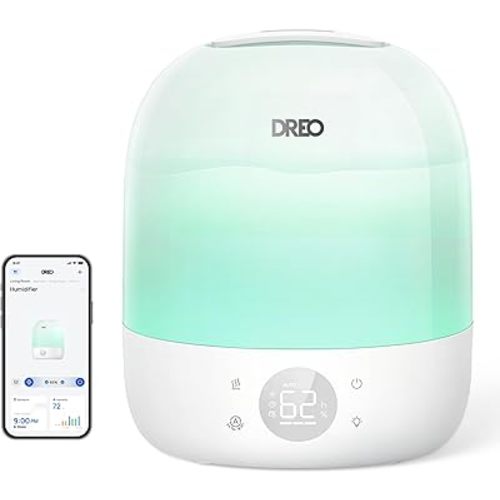 DREO Humidifiers for Bedroom Baby HM409S, Ultra Quiet 28dB & 3L Top Fill Cool Mist Humidifier for Nursery, Smart Air humidifier for Plants Indoor, 1500+ RGB Night Light & Sleep Routine Trainer