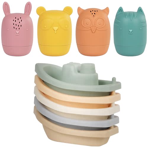 Baby Bath Toys Stackable Boats with Soft Silicone Squirt Water Animal Toys, 9 Pcs Floating Stacking Boat Bathtub Shower Pool Beach Toys for Toddler Kids 1-3