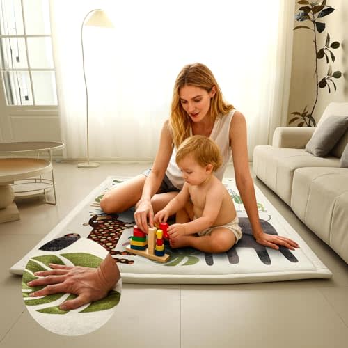 Baby Play Mat 60"x80" Extra Thick (1.4") | Memory Foam Crawl Mat for Infants & Toddlers | Non-Slip | Waterproof | Tummy Time | Animal Print Floor Rug