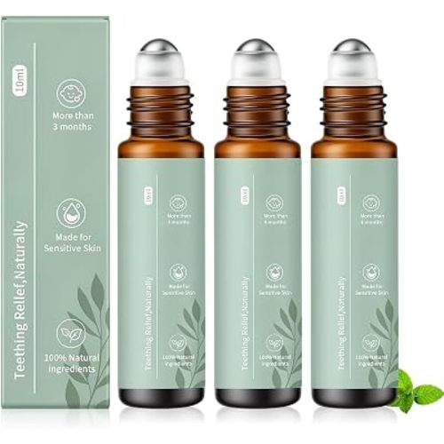 3Pcs Teething Roller,Natural Gum Massage Roller, Original Teething Roller with Chamomile and Rose Oil, Teething Relief Roller,Essential Oil Roller for Daily Care