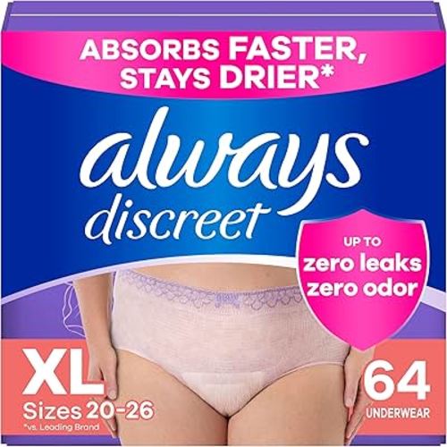 Always Discreet Adult Incontinence Underwear for Women and Postpartum Underwear, Extra Large, Up to 100% Bladder Leak Protection, 64 Count (2 Packs of 32)