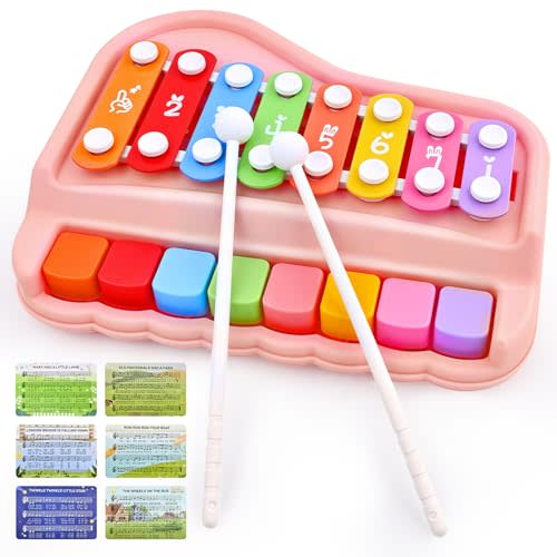 Baby Piano Xylophone Toy for Toddlers Age 1-3, 2-in-1 Montessori Musical Toy with 8 Colorful Keys Pink, Educational Gift for 1+ Year Old Girls, Safe Music Toy for Early Learning
