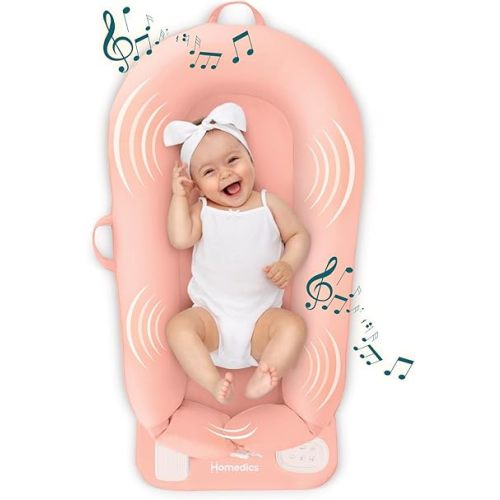 Homedics 3-in-1 Calming Baby Cushion, Soothing Comfort for Newborns & Infants, Snuggling Sensation, Sound and Vibration, Designed for Safety, Cordless, Rechargeable & Machine-Washable, Coral