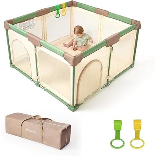 Tinyiota Foldable Baby Playpen, 50x50 Inch Portable Play Yard for Babies and Toddlers with Soft Breathable Mesh, Storage Bag & 2 Pull-Toy Handles for Indoor & Outdoor (Green, 50x50)