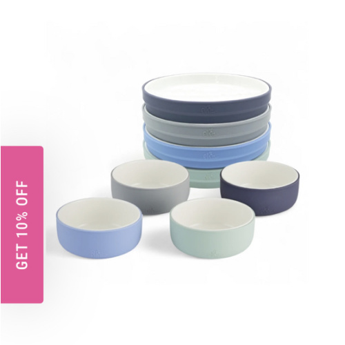 Kids Porcelain Mealtime Bundle | Normal Sleeves | 7.8" Plates + Bowls | 8 Pcs | Sage/Misty Blue/Navy/Gray