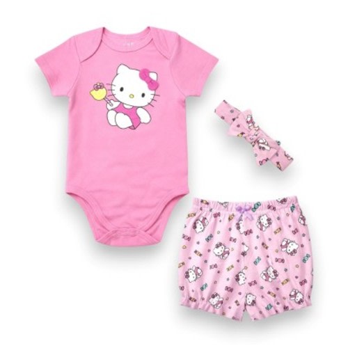 Hello Kitty Baby Girls' 3-Piece Bodysuit with Bloomer & Headband Set, Pink/Candies, 6 Months