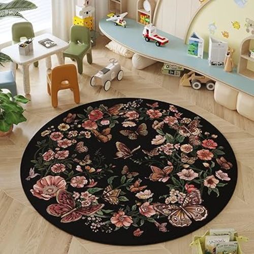 Round Rug 4ft Washable Circle Rug Non Slip Low Pile Boho Floral Butterfly Small Circular Rug for Bedroom Bathroom Entryway Kids Room Office College Dorm, Black