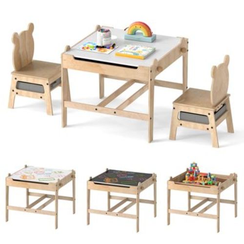 Costway Kids Table and Chairs Set 4 in 1 Children Activity Table with Chalkboard for Arts Gray+Natural/Orange+Natural