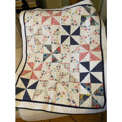 Handmade Baby Girl or Toddler/Child Quilt: Butterflies and Pinwheel Design, Pink Aqua Gray