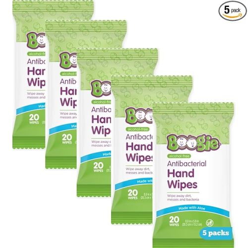 Boogie Antibacterial Hand Wipes by Boogie, Alcohol Free, Hypoallergenic and Moisturizing Aloe, for Kids and Adults -100 Total Wipes (5 Packs of 20)