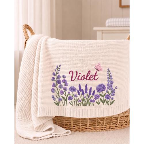 Personalized Purple Wildflowers Embroidered Baby Cotton Blanket, Lavender Floral Baby Shower Announcement, Gift For Newborn