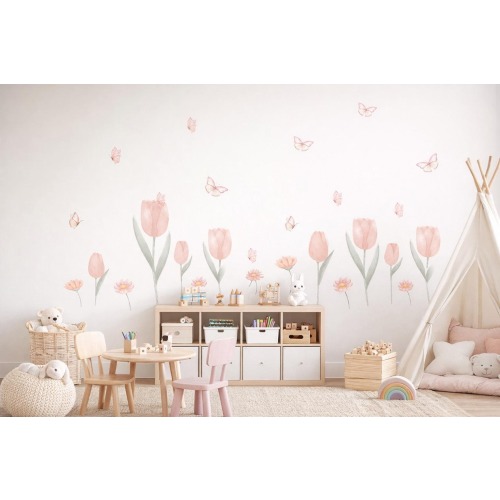 Tulip Flower Wall Decals with Butterflies, Pink Floral Nursery Wall Decals, Girls Nursery Decor, Peel and Stick Flower Wall Stickers