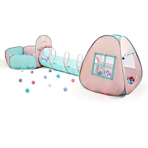 3 in 1 Pop Up Kids Play Tent with Tunnel and Ball Pit for Kids, Boys, Girls, Babies and Toddlers, Indoor/Outdoor Playhouse,Orange Pink/Light Green