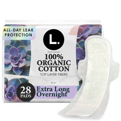 L. Organic Cotton Top Layer Maxi Extra Long Pads - Overnight Absorbency - 28ct