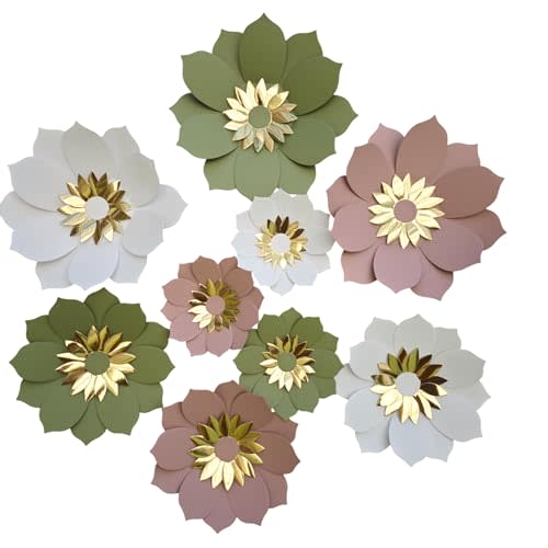 Mybbshower Paper Flower for Wall Set of 9 (Dusty Green/Dusty Pink)