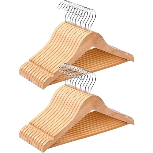 Cozymood Kids Wooden Hangers 20 Pack, Smooth Solid Wood Baby Hangers, 12.6'' Children's Coat Hangers with Non Slip Pants Bar, Shoulder Notches, Silvers Swivel Hooks, Natural