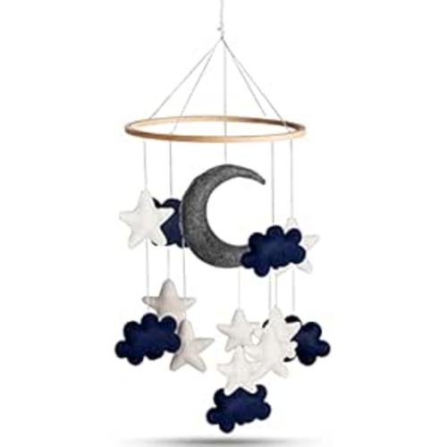 Baby Mobile - Blue Moon, Stars & Clouds Crib Mobile for Boys | Handmade felt cloud mobile for crib and bassinet, calming blue nursery decor for baby boys