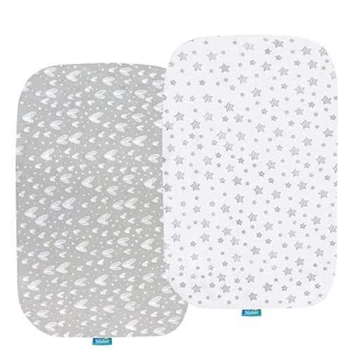 Bassinet Sheets Compatible with AirClub, GoFirst and MiClassic Bassinet Bedside Sleeper, 2 Pack,100% Jersey Knit Cotton Fitted Sheets, Mild Grey Hearts and White Stars Print