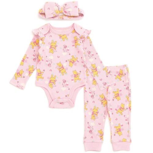 Disney Winnie the Pooh Newborn Baby Girls Ribbed Bodysuit, Jogger Pants and Headband 3 Piece Outfit Set Soft Pink 0-3 Months